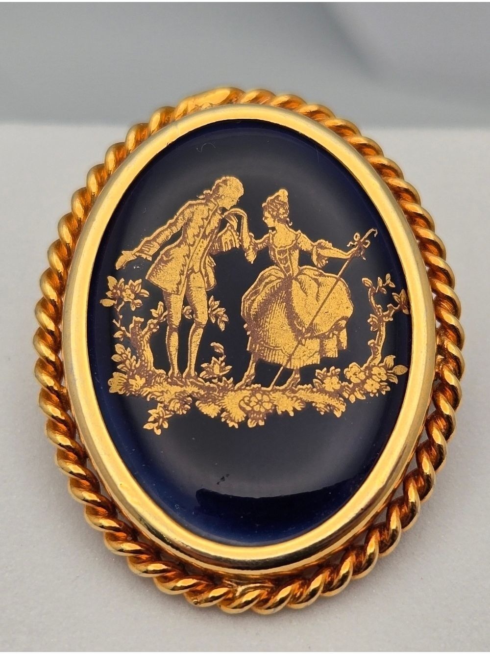 Vintage Limoges Castel Porcelain Brooch Courting Couple Cobalt Blue France 1.25"